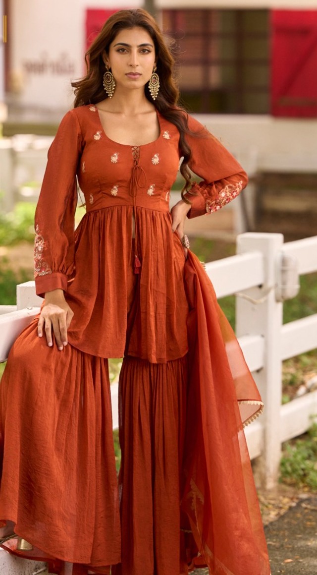 Rust orange Indo-western festive set